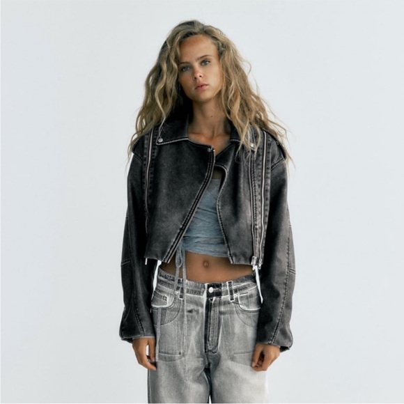 Zara Jackets & Blazers - Zara Worn Effect Faux Leather Cropped Biker Moto Jacket Gray S